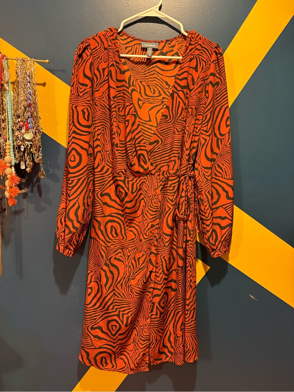 Modcloth Burnt Orange & Black Abstract Print Long Sleeve Wrap Midi Dress NWOT